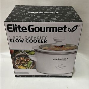 Elite Gourmet White Slow Cooker 1.5 Quart Temperature Controller Tempered Glass